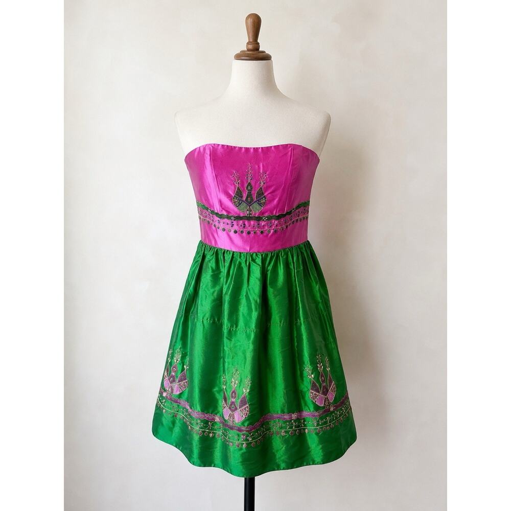 Vtg Betsey Johnson Silk Blend Mini Dress Pink Green Beaded Embroidered Size 2